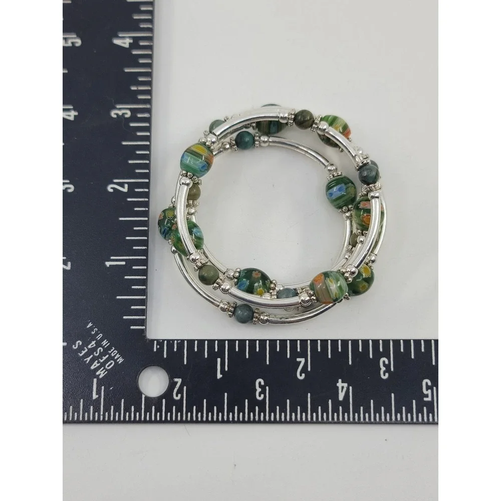 Silver Tone PaintedFloral Art Glass Bead Wrap Coil Bracelet Stone Accents